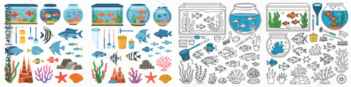 Colorful and Black and White Illustrations of Various Fish Tanks, Marine Life and Fish Accessories