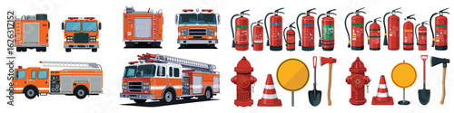 Fire Trucks, Extinguishers, Hydrants, Cones, Shovels and Axes Firefighting Equipment and Safety Supplies Illustration