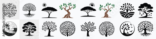 Diverse Tree Logos Silhouette Designs, Tree of Life, Coastal Trees and Evergreen Concepts