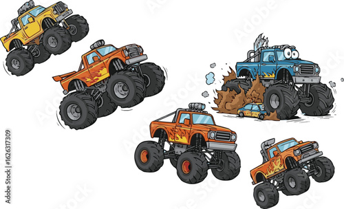 Create a kinds of deferent Monster trucks comic style vector seamless pattern. For apparel prints and other uses. vector art with white background.