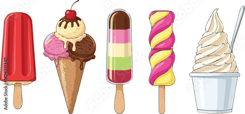 Create a kinds of deferent ice cream treats. Popsicle, cone with scoops, layered pop, twist pop, soft serve. Ice cream vector art with white background.
