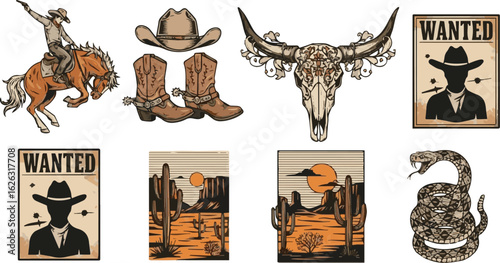 Create a kinds of deferent Western theme work for t-shirt prints, posters, and other uses. vector art with white background.