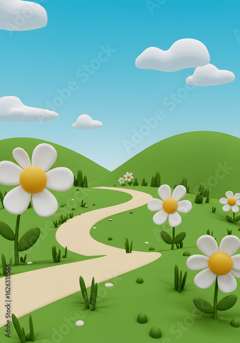 Cartoon Landscape Daisies and Path Through Green Hills, Blue Sky and Clouds Illustration