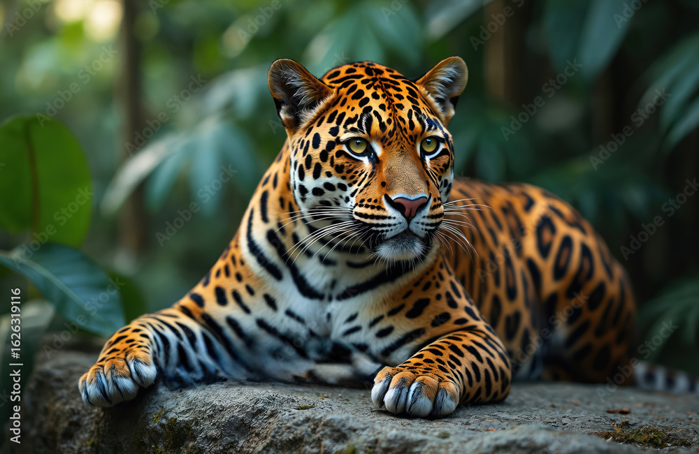 Obraz premium Majestic jaguar rests on mossy rock in Amazonian rainforest. Powerful feline, symbol of wild, displays iconic spotted coat. Close-up portrait focuses on intense gaze, natural beauty of iconic South