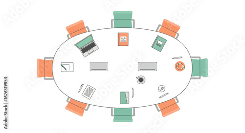 Top View of Office Meeting Table with Laptops and Stationery in Flat Pastel Vector
