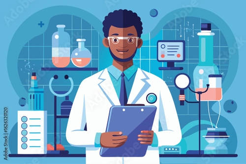 African American Scientist: Medical Research, Lab Illustration