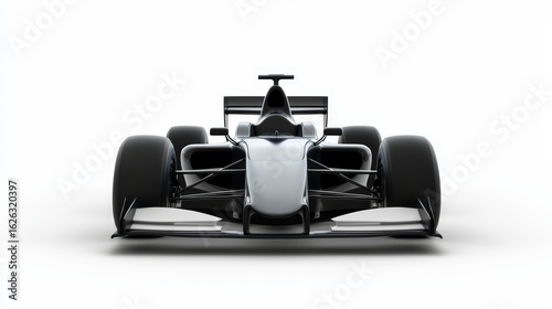 Black and white photography of formula race car on white background
