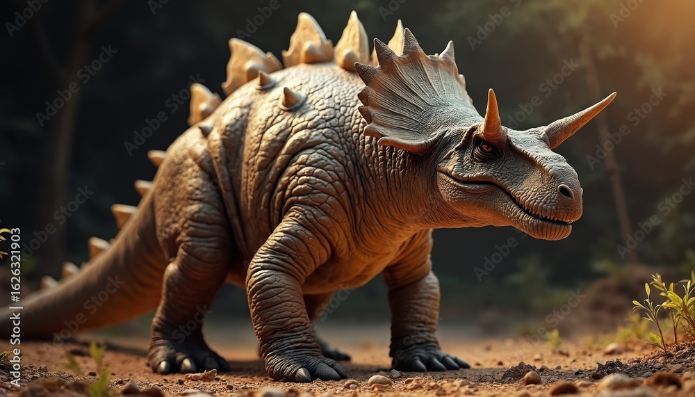Fototapeta premium Ankylosaurus portrait displays powerful armored dinosaur alert for defense in prehistoric woodland. Textured scales, bony plates, tail spikes offer protection. Ancient herbivore roams primeval