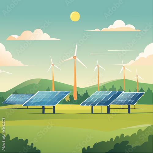 Illustration concept énergie renouvelable, nature, solaire, éolien, panneaux photovoltaïques, campagne