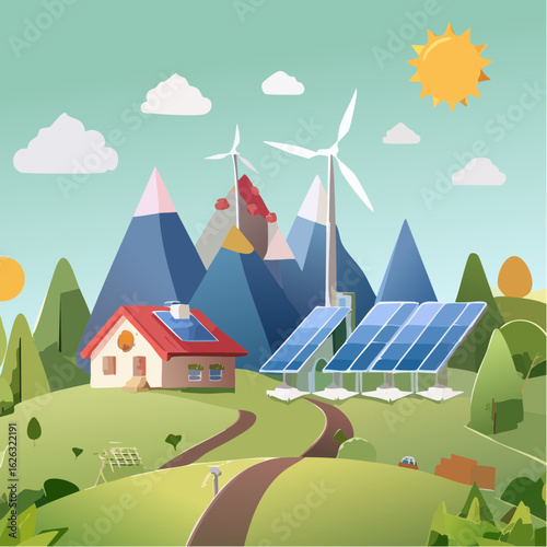 Illustration concept énergie renouvelable, nature, solaire, éolien, panneaux photovoltaïques, campagne, habitations