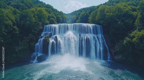 Lush waterfall cascading into a tranquil pool, surrounded by dense green forest