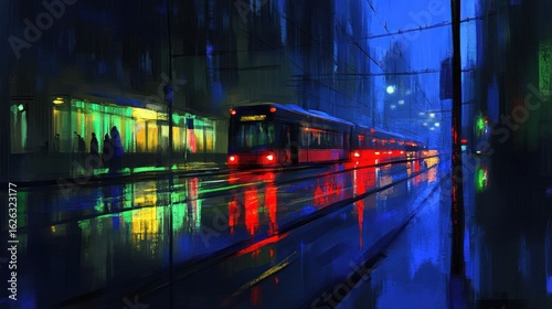 Night city street scene with tram, rain reflections