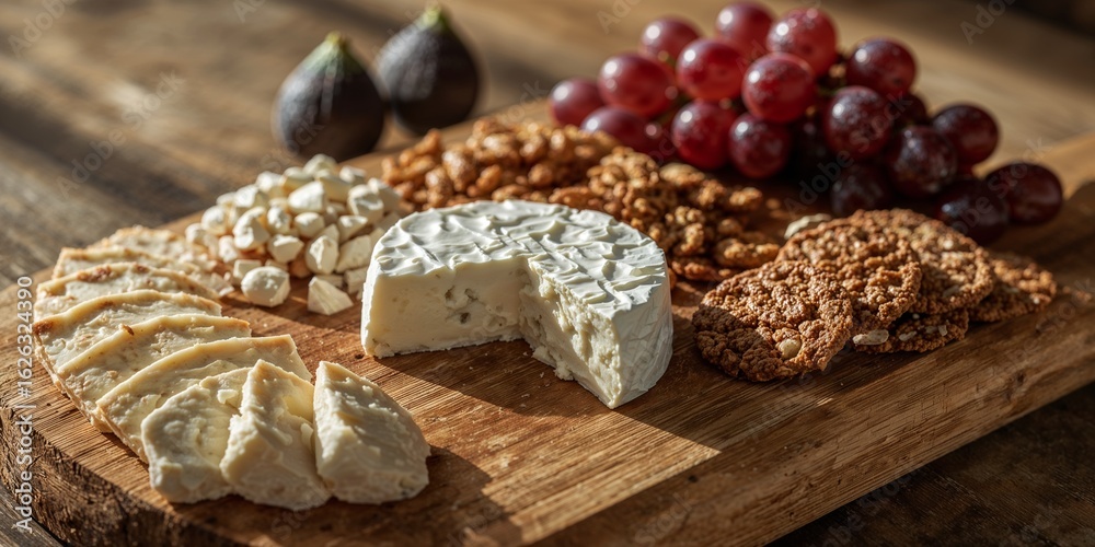 Fototapeta premium A wooden board featuring cheese, crackers, nuts, grapes, and figs in a natural light setting