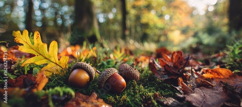 Autumnal forest floor with acorns and leaves
