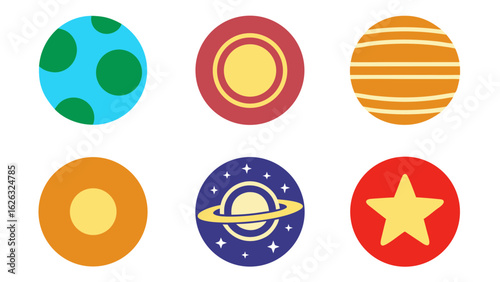 Collection of six colorful circular icons representing planets and stars