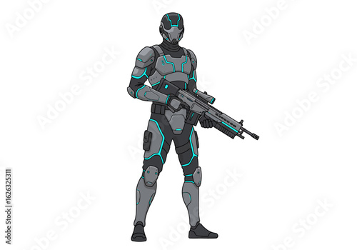 Armored scifi soldier holds a rifle augmented with glowing blue energy lines
