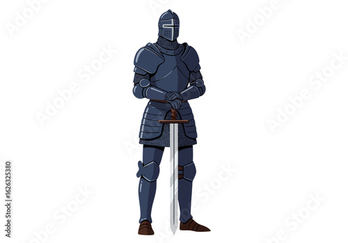 A knight in full plate armor stands ready sword planted a sentinel of medieval might