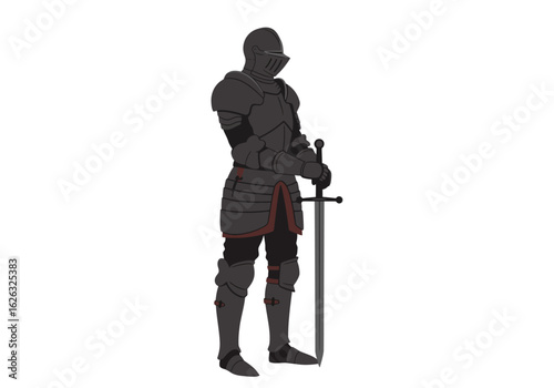 Armored knight standing firm grips a sword poised for medieval battle