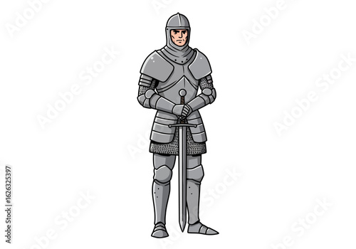Armored knight stands guard sword in hand ready for battle