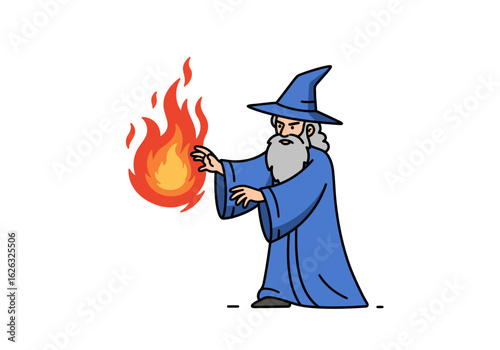 Wizard with fire A bearded sorcerer conjures flames with an outstretched hand