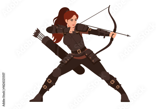 Focused archer clad in leather takes aim with bow drawn