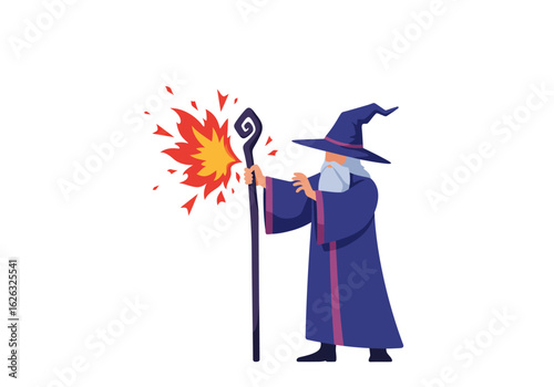 A wizard with a tall hat holds a staff emitting flames in a stylized illustration