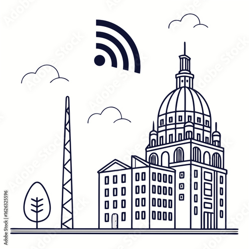 Cityscape with wi fi signal and communications tower