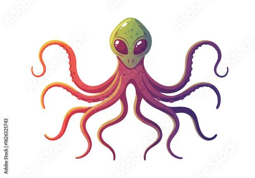 An extraterrestrial cephalopod with rainbow gradients gazes intently tentacles outstretched