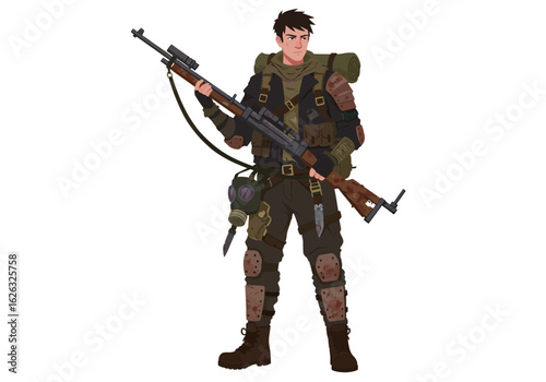 Wasteland survivor clad in gear rifle in hand