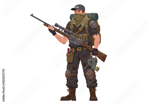 Postapocalyptic survivor Rifle in hand gas mask and weathered gear against a stark white backdrop