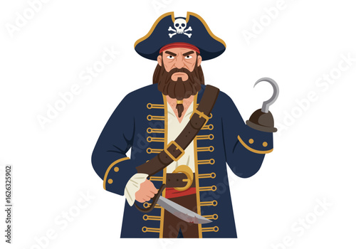 Stern pirate captain with a hook and cutlass ready for action