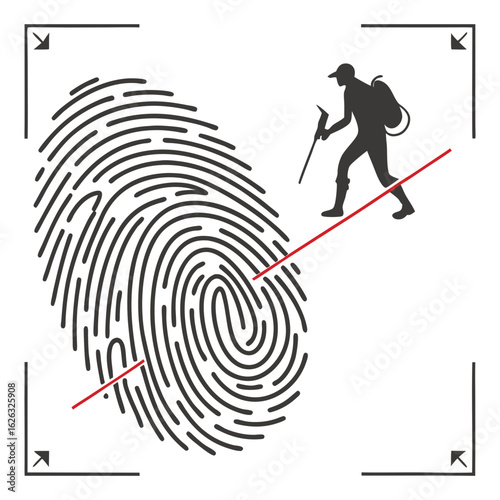 Fingerprint scan of a hiker with a backpack and trekking poles