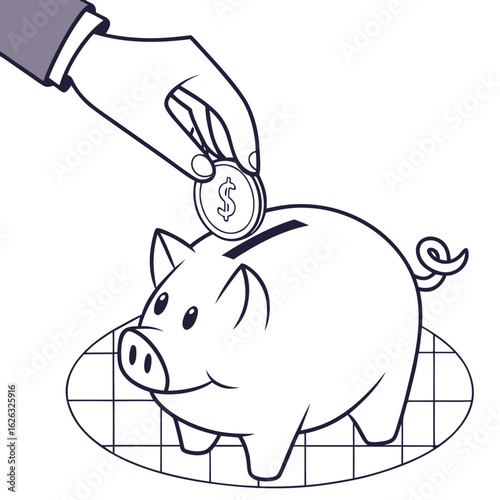 Hand depositing a dollar coin into a piggy bank