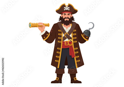 Pirate captain at the ready scoping the seas  brandishing his hook in pirate attire