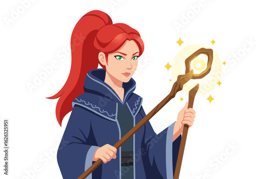Fieryhaired mage in a blue robe wields a glowing staff magic crackling around her