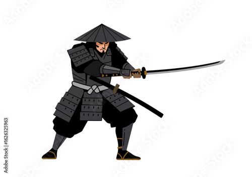Samurai Jack poised with katana armored and ready for battle