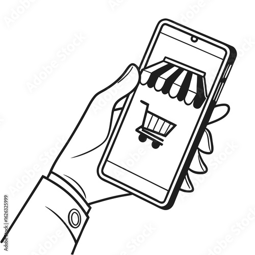 Hand holding smartphone displaying online shopping storefront and cart icon