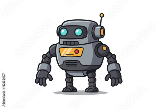 Cartoon robot with gray armor antenna and blue eyes standing on a white surface