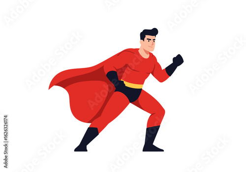 Red superhero poised cape billowing in wind ready for action