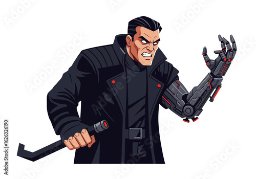 Cybernetic enforcer looms with metal fist  crowbar radiating menace