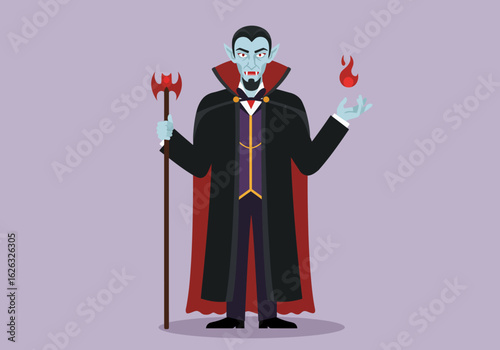 Vampire Lord A stately paleskinned figure in a grand cape holds a fiery orb and an ornate battleaxe