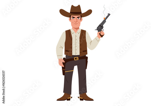 Stern cowboy with smoking gun stands ready for action