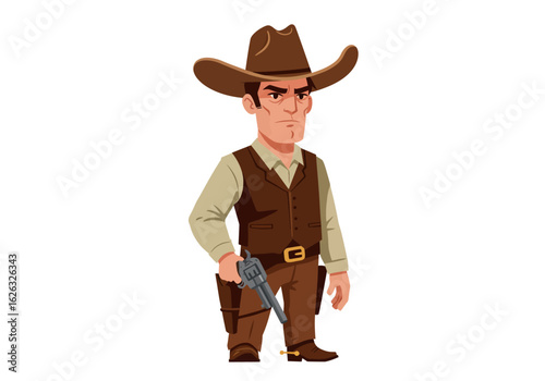 Grim cartoon cowboy stands with gun drawn ready for a showdown