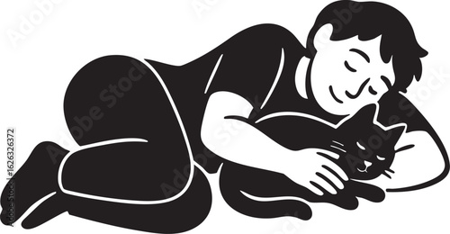 Lazy Day with Pet Silhouette Person Cuddling Dog or Cat Vector Illustration
