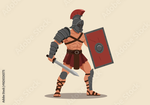 Gladiator in arena helmeted armed with sword and shield ready for combat