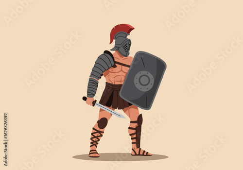 Gladiator poised for battle shield raised sword drawn ready