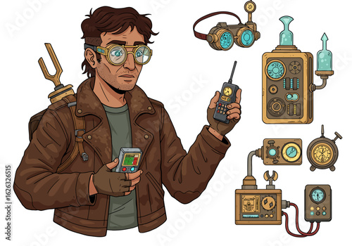 Steampunk inventor with goggles walkietalkie  devices