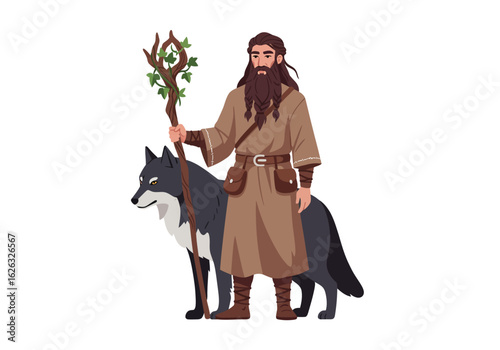 Bearded druid with staff  wolf companion nature guide wise mystical journey