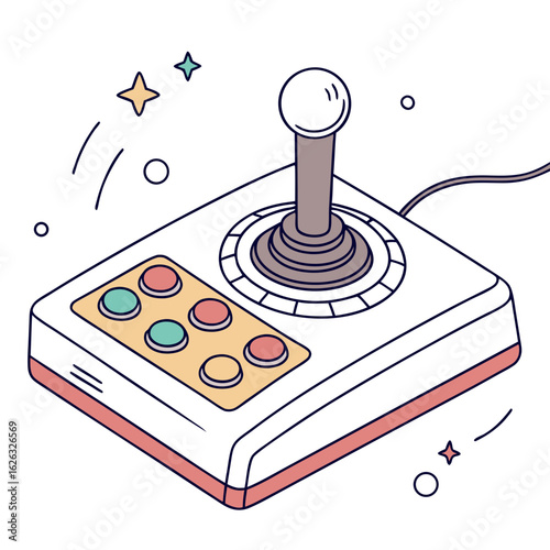 Retro arcade joystick controller with colorful buttons and stars