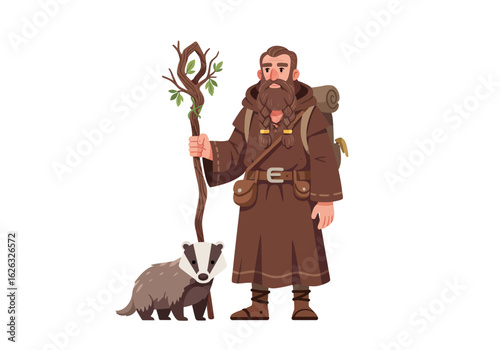 Druid with badger woodland wanderers journey depicted